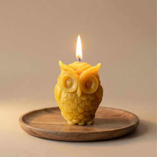 Natūralaus geltono vaško žvakė, smulki pelėdos skulptūrėlė su detaliomis plunksnomis